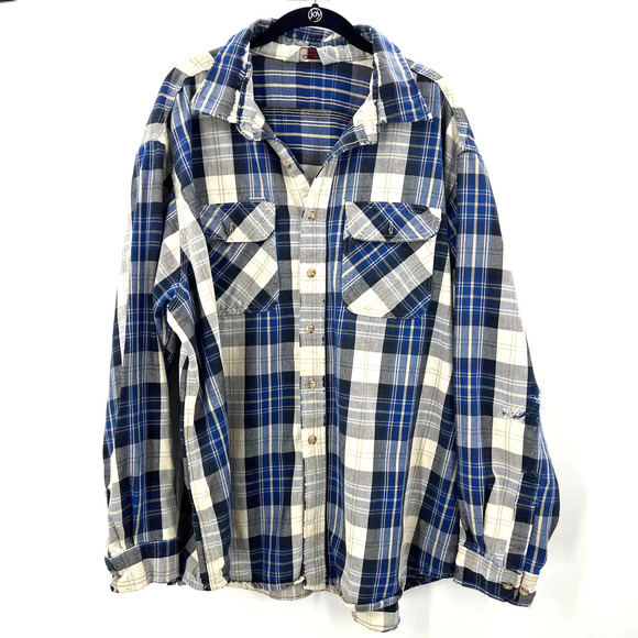Carhartt Blue Gray White Flannel Distressed Shacket Button Up Shirt Heavy XL - Picture 1 of 6